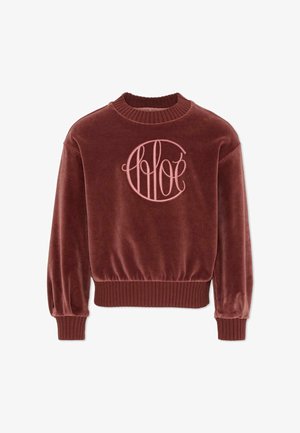 Felpa di velluto bordeaux con collo e polsini a costine. Presenta un logo ricamato rosa sul davanti. Le maniche a palloncino aggiungono volume.