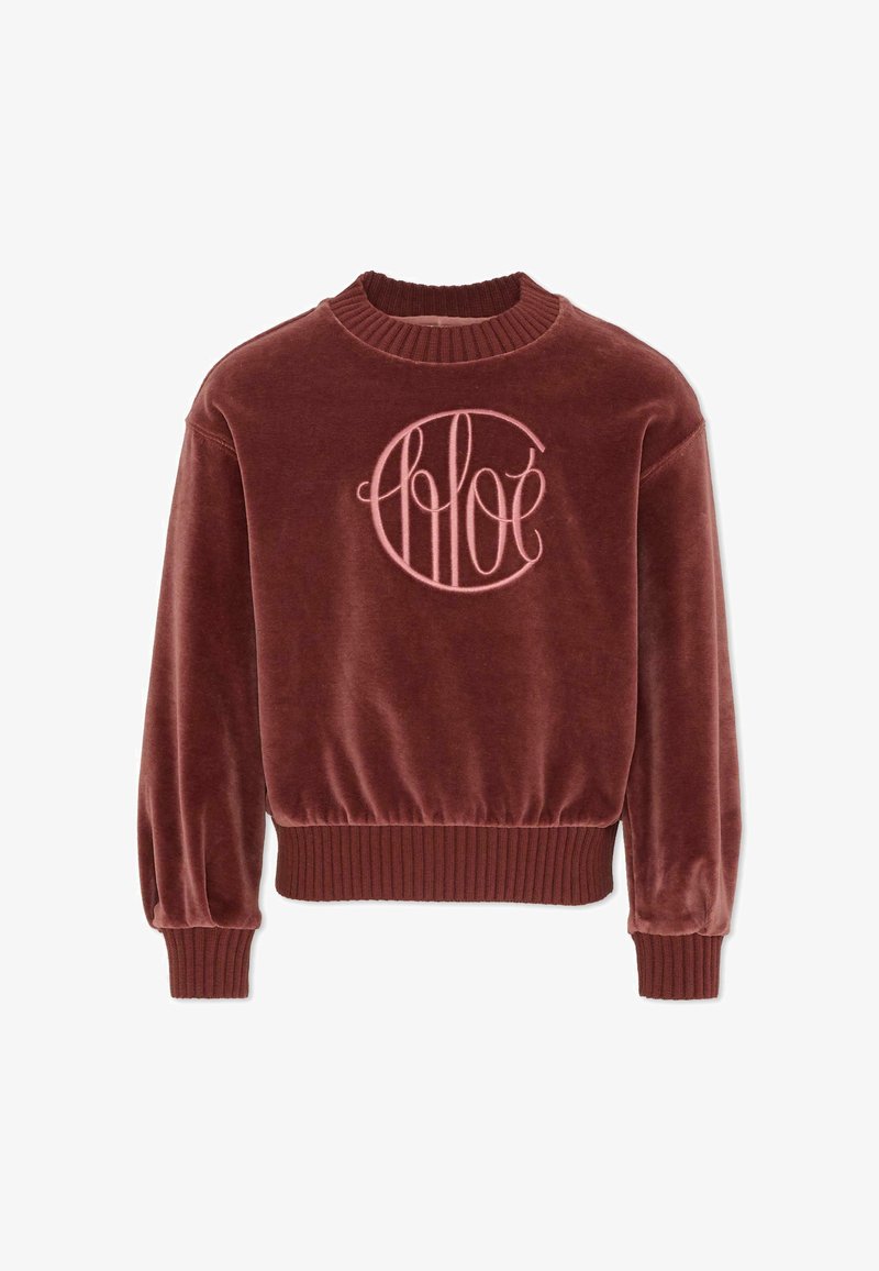 Bordeauxfluwelen sweatshirt met geribbelde halslijn en boorden. Heeft een roze geborduurd logo op de voorkant. Poefmouwen zorgen voor volume.