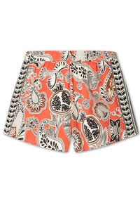 Gemusterte Shorts mit korallenfarbener Hintergrund, die schwarze Blumen- und Granatapfelmuster zeigen, ergänzt durch schwarze Seitenstreifen und strukturierten Stoff.