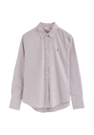 Camisa de manga larga con botones, con rayas verticales blancas y marrones, cuello y pequeño logo bordado en el pecho izquierdo.