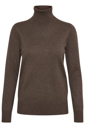 Smeđa turtleneck pulover od mekog pletiva. Ima rebrasti ovratnik i manžete, te opušteni kroj s dugim rukavima.