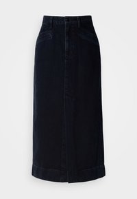Sötét denimből készült midi szoknya magas derékkal, elöl gombos záródással és oldalsó zsebekkel; egyenes fazonú, finom szegéllyel.