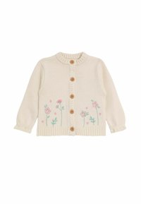 Cremfarbener, gestrickter Cardigan mit geripptem Saum und Bündchen, verziert mit floraler Stickerei in Pastellfarben und Holzknöpfen auf der Vorderseite.