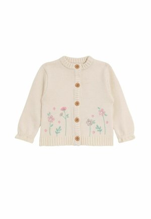 Cremfarbener, gestrickter Cardigan mit geripptem Saum und Bündchen, verziert mit floraler Stickerei in Pastellfarben und Holzknöpfen auf der Vorderseite.