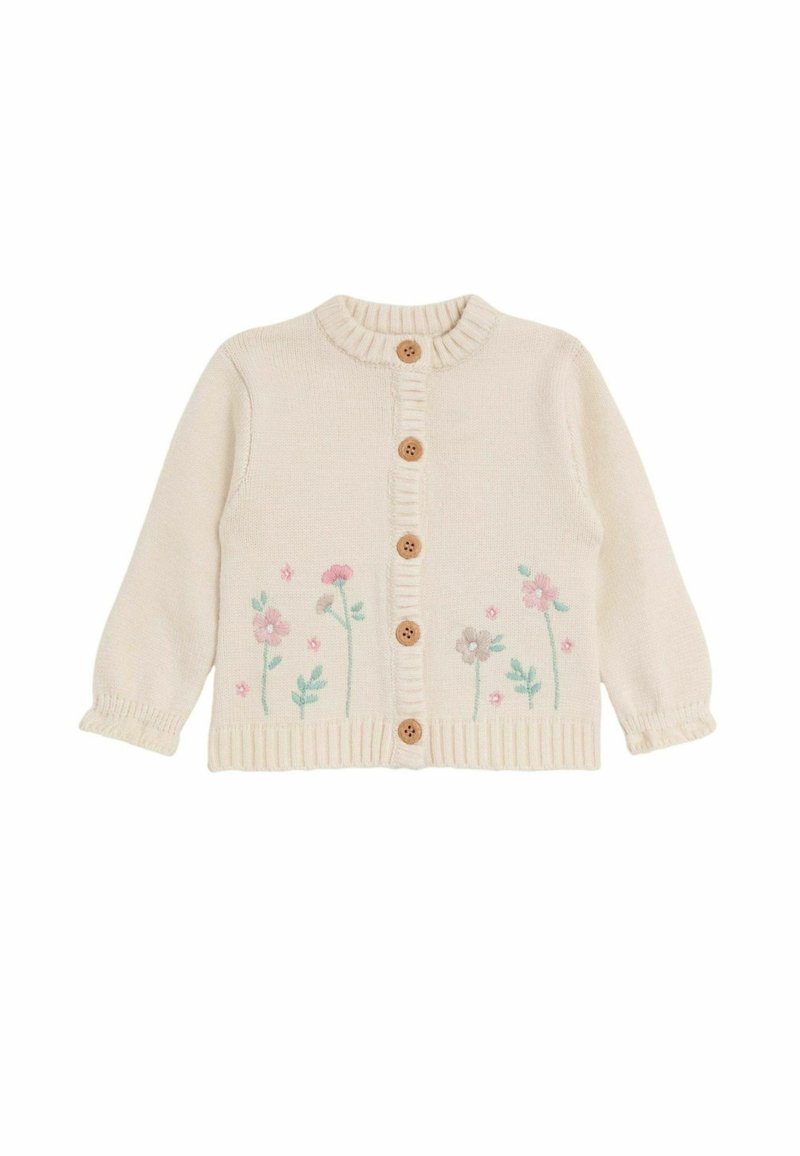 Cremfarbener, gestrickter Cardigan mit geripptem Saum und Bündchen, verziert mit floraler Stickerei in Pastellfarben und Holzknöpfen auf der Vorderseite.