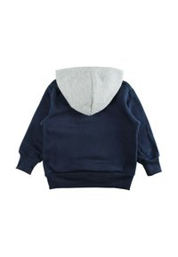 Sweat à capuche bleu marine avec capuche grise. Caractérisé par une texture douce, des manches longues, des poignets côtelés et une coupe décontractée. Aucun motif ni accessoire visible.