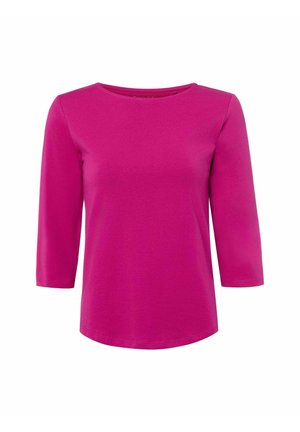 Fuchsia long-sleeve T-shirt made of soft cotton, featuring a round neck and slightly curved hem with minimal stitching detail.