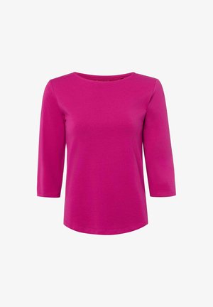 Fuchsia long-sleeve T-shirt made of soft cotton, featuring a round neck and slightly curved hem with minimal stitching detail.