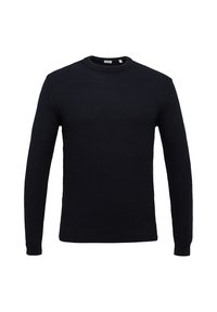 Maglione lavorato a maglia blu navy con scollo rotondo, caratterizzato da un motivo testurizzato, maniche lunghe e polsini e orlo a coste.