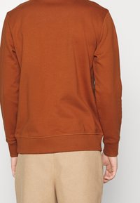 Sudadera de color óxido con escote redondeado, puños y dobladillo acanalados. Textura suave, corte casual y diseño minimalista.