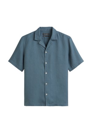 Short-sleeve button-up shirt in a muted teal color, made of textured fabric with a collar and white buttons down the front.