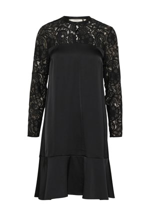 Vestido negro con mangas largas de encaje, corsé de satén, escote redondo y dobladillo acampanado. El encaje presenta patrones florales y detalles intrincados.