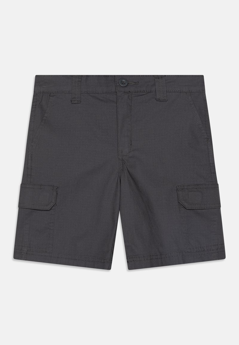 Dunkelgraue Cargo-Shorts aus leichtem Material. Merkmale sind zwei Seitentaschen, zwei Cargotaschen und ein Knopfverschluss.