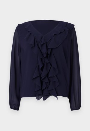 Sininen pusero pitkähihaisilla hihoilla, rypytetty etuosa ja kaula-aukko, valmistettu kevyestä kankaasta, jossa on v-muotoinen kaula-aukko ja piilotettu helma.