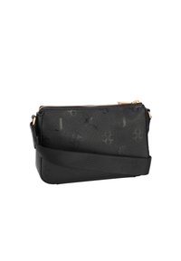 Czarna skórzana torebka na ramię z wytłoczonymi wzorami kwiatowymi, zamknięciem na zamek oraz odpinanym, regulowanym paskiem. Akcenty w kolorze złotym.