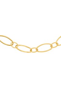 Goldkette mit abwechselnd glatten und gedrehten ovalen Gliedern, die eine polierte, glänzende Oberfläche und eine gleichmäßige, gelbe Farbe zeigt.