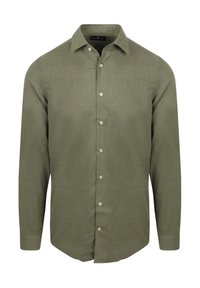 Olijfgroen blouse met lange mouwen in een getextureerde stof, knoopsluiting met parelachtige knopen,puntige kraag en ronde zoom.