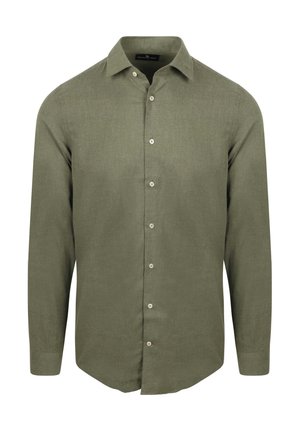 Olijfgroen blouse met lange mouwen in een getextureerde stof, knoopsluiting met parelachtige knopen,puntige kraag en ronde zoom.