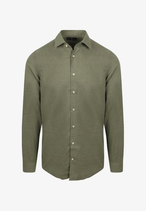 Olijfgroen blouse met lange mouwen in een getextureerde stof, knoopsluiting met parelachtige knopen,puntige kraag en ronde zoom.