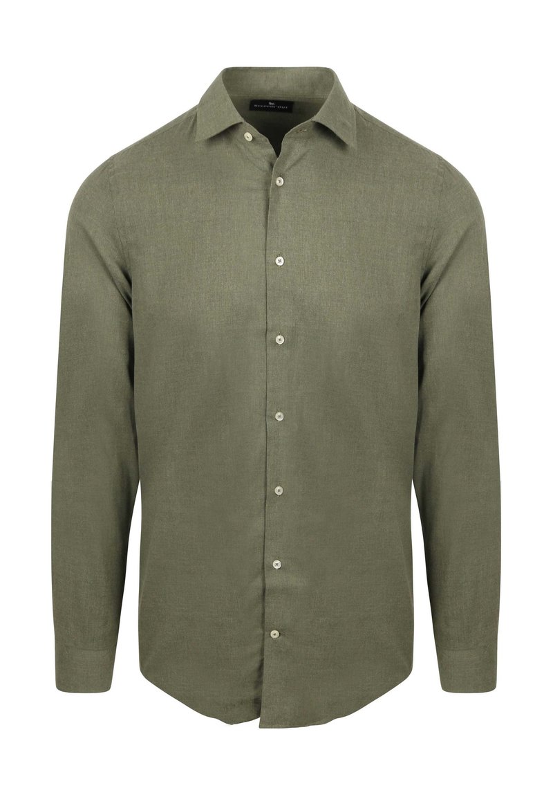 Olijfgroen blouse met lange mouwen in een getextureerde stof, knoopsluiting met parelachtige knopen,puntige kraag en ronde zoom.