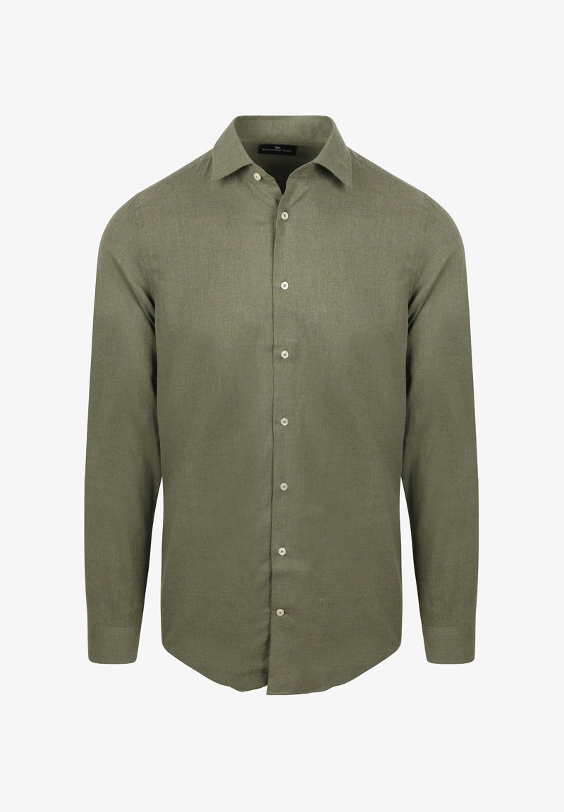 Olijfgroen blouse met lange mouwen in een getextureerde stof, knoopsluiting met parelachtige knopen,puntige kraag en ronde zoom.