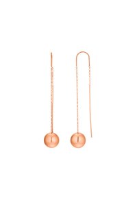 Orecchini in oro rosa con lunghi ganci a filo, caratterizzati da pendenti a forma di sfera. Le catene sono delicate, accentuando il design minimalista.