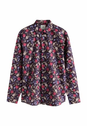 Blomsterprint skjorte i mørk navy med røde og hvide blomster samt grønne blade. Langærmet, knaplukning med krave.