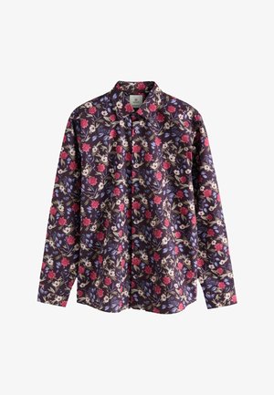Floral print shirt in dark navy, featuring red and white flowers with green leaves. Long-sleeved, button-up design with a collared neck.