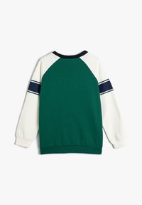 Sudadera verde y blanca con cuello redondo, mangas largas con rayas marinas y puños y dobladillo de canalé. Textura suave.