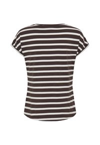 Chemise à manches courtes avec des rayures noires et blanches horizontales, vue de dos sur un fond blanc uni.