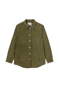 Veste boutonnée vert olive avec deux poches jumelées sur la poitrine et deux poches fendues sur les côtés, manches longues et col rabattu.