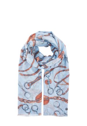 Light blue scarf with brown and gray equestrian bit and bridle chain patterns, loosely rolled and folded vertically on a white background.