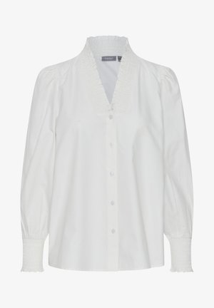 Weißes Blusenshirt mit gerafftem Ausschnitt, langen Puffärmeln und Knopfverschluss auf der Vorderseite. Weiches, glattes Baumwollmaterial.