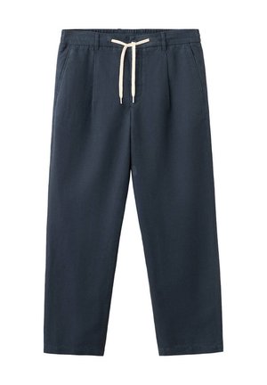 Pantalones casual azul marino con cordón blanco, bolsillos laterales, trabillas para cinturón y un ajuste relajado de pierna recta.