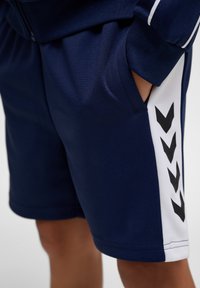 Marineblauwe korte broek met witte zijpanelen met zwarte chevronpatronen, zak met hand erin, gedragen met bijpassende marineblauwe mouw.