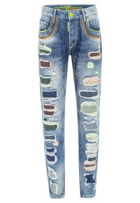 Blaue Jeans aus Denim im Slim Fit, mit distressed Elementen, bunten Stickereien, kontrastierenden Nähten und mehreren Patches.
