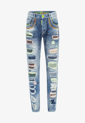Blauwe denim jeans met een slim fit, versleten delen, kleurrijke borduursels, contrasterende stiksels en meerdere patchdetails.