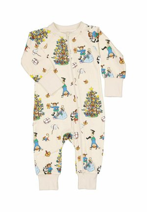 Kermanvärinen haalari, jossa on värikkäitä kuvituksia hahmoista ja juhlatarvikkeista. Varustettu etuvetoketjulla ja ribbireunoilla.