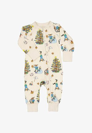 Kermanvärinen haalari, jossa on värikkäitä kuvituksia hahmoista ja juhlatarvikkeista. Varustettu etuvetoketjulla ja ribbireunoilla.