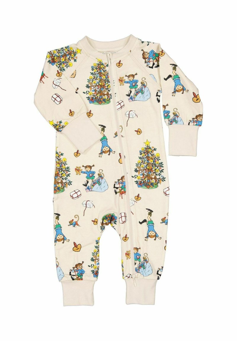 Kermanvärinen haalari, jossa on värikkäitä kuvituksia hahmoista ja juhlatarvikkeista. Varustettu etuvetoketjulla ja ribbireunoilla.