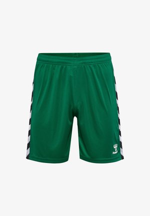 Grønne sportsshorts lavet af glat stof. Har sorte og hvide striber på siderne og et logo på den nedre højre del af benet.