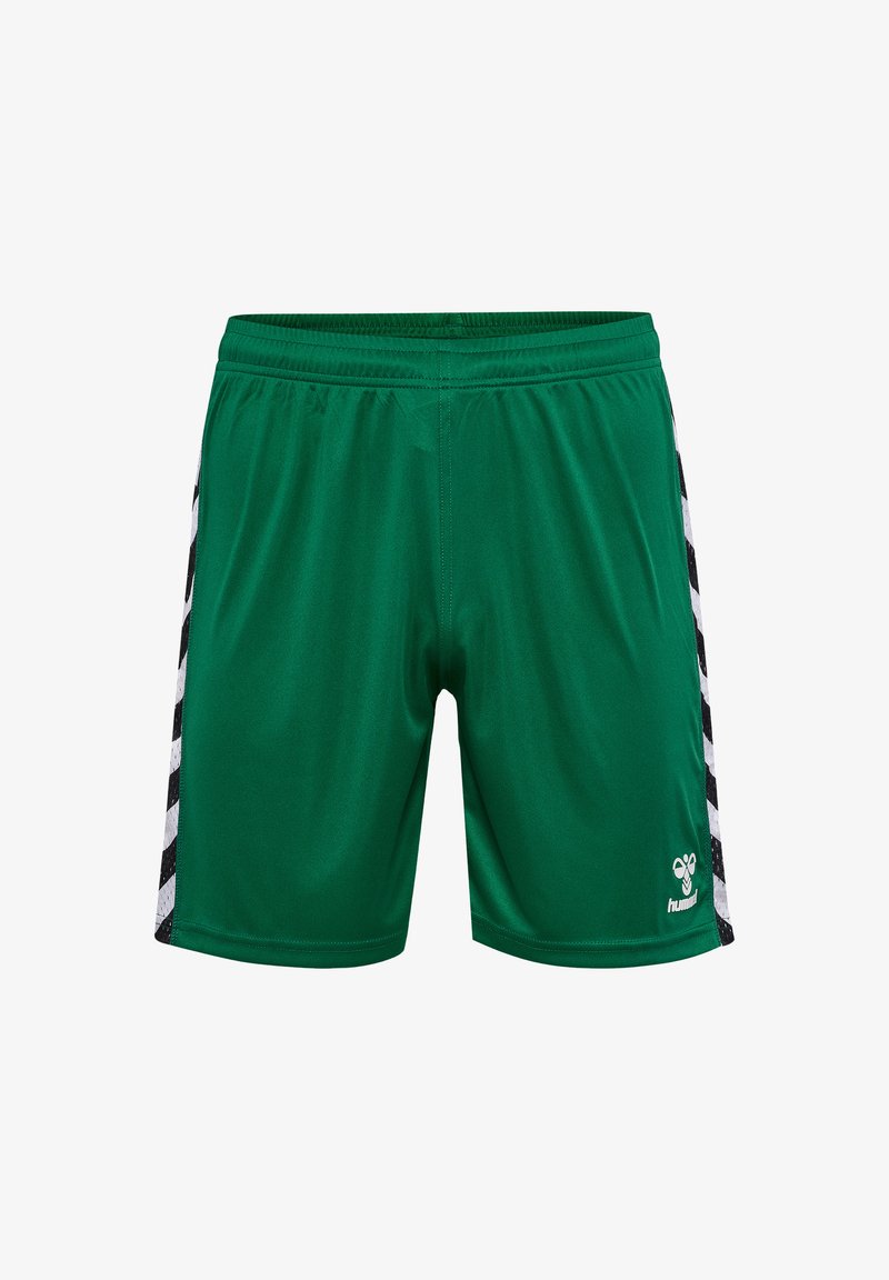 Gröna sportshorts i smidigt tyg. Har svarta och vita randiga sidor och en logotyp på främre nedre högra benet.