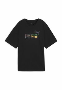 Sort t-shirt med løstsiddende pasform, prydet med en flerfarvet "PUMA" tekstgrafik og logo på brystet. Fremstillet af blødt bomuldsstof.