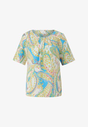 Short-sleeve blouse with a blue, yellow, and pink paisley pattern, featuring a round neck and soft, lightweight fabric.