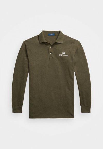 Polo de manga longa verde olivo, feito de algodão, com colarinho, fila de três botões e logotipo bordado "Polo Ralph Lauren".