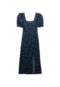 Vestido floral azul marino con escote cuadrado, mangas abullonadas y una abertura frontal. Presenta patrones de flores blancas en toda la tela.