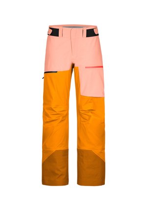 Zweifarbige Outdoor-Hosen mit pinkem oberen Abschnitt, orangefarbenen Unterschenkeln, verstärkten braunen Bündchen und mit Reißverschlüssen versehenen Taschen auf weißem Hintergrund.
