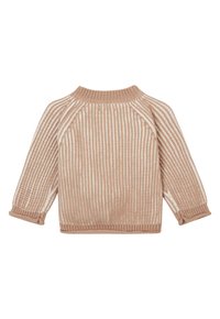 Beiger Strickpullover mit gerippter Textur, Raglanärmeln und Rundhalsausschnitt. Akzente in einer helleren Nuance schaffen ein gestreiftes Muster.