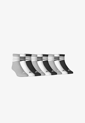 Fünf Paar Sportsocken in Grau, Weiß und Schwarz mit geripptem Muster und drei horizontalen Streifen am oberen Rand.