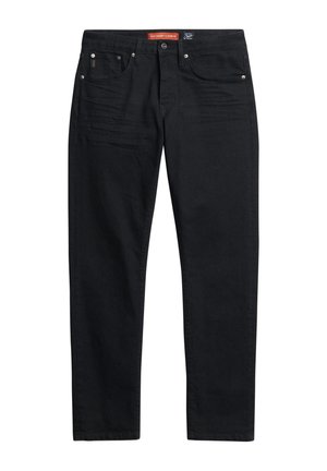 Jeans in denim nero con taglio a gamba dritta, cinque tasche, dettagli in metallo e un'etichetta marrone in vita. Tessuto dalla texture liscia.